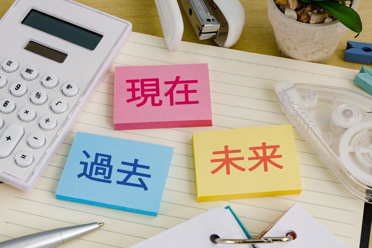 「現在・過去・未来」と書かれた付箋と電卓