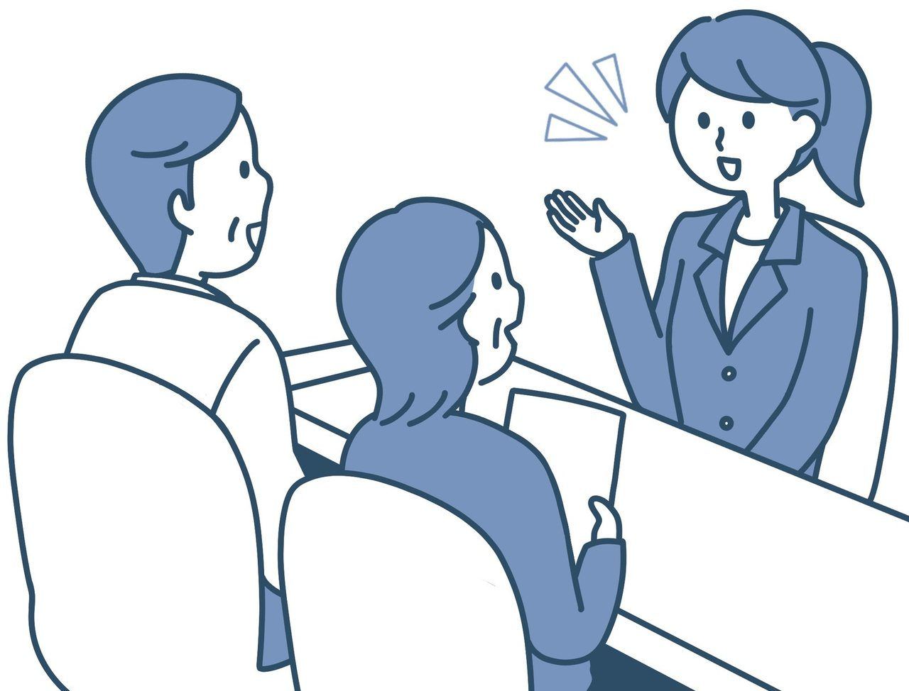 ご夫婦が女性スタッフから説明を受けるイラスト(青)